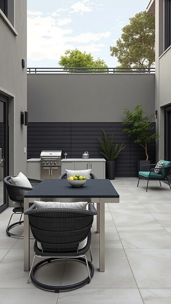 A modern patio with a grill, table, and seating area surrounded by greenery.