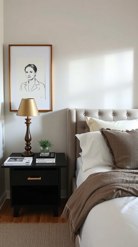 A cozy bedroom featuring a sleek black nightstand with a lamp, plant, and books, alongside a beige bed and framed artwork on the wall.