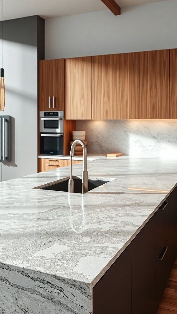 Modern kitchen with sleek quartz countertop and contemporary design elements.