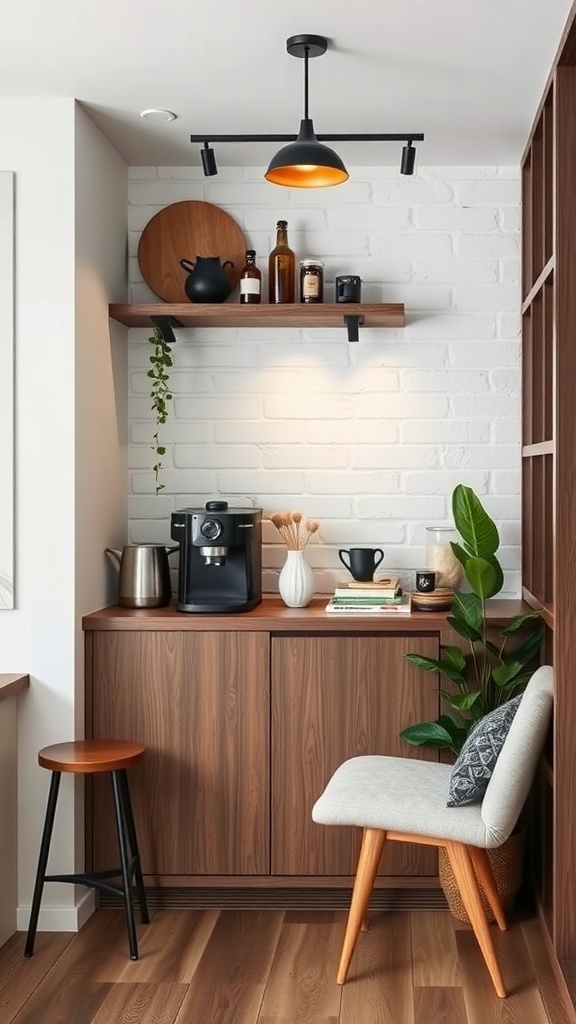 A sleek urban coffee bar featuring wooden cabinetry, a coffee machine, and decorative items against a white brick wall.