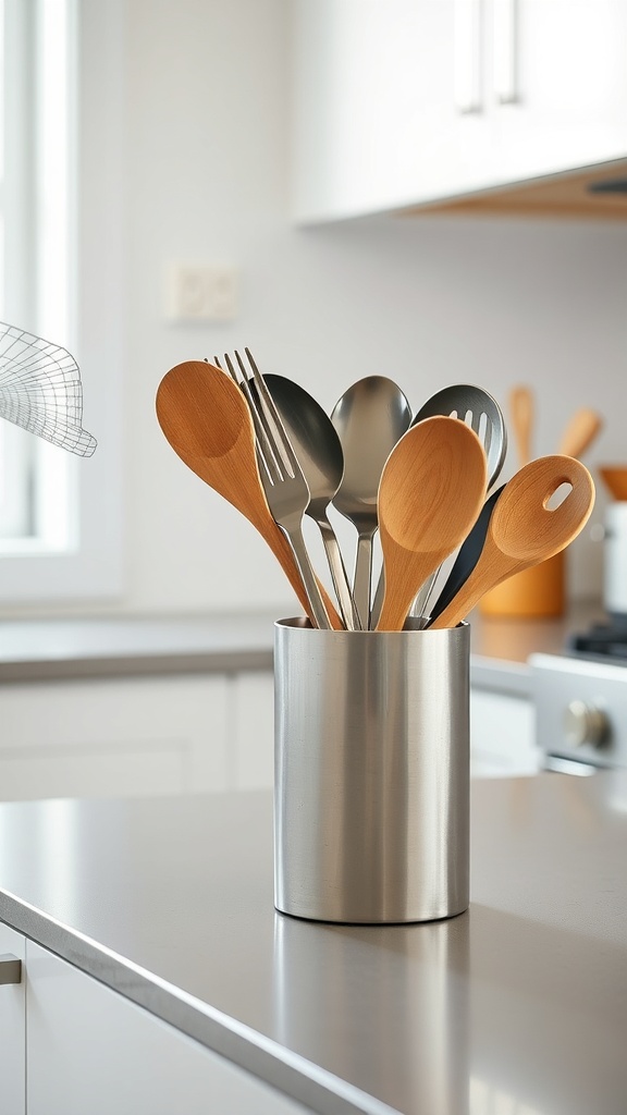 A sleek stainless steel utensil holder filled with wooden and metal cooking utensils on a modern kitchen countertop.