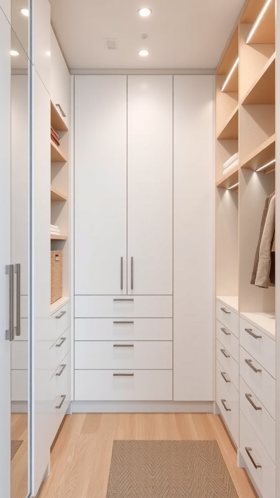A minimalist walk-in closet with white cabinetry and light wood flooring, featuring ample storage and recessed lighting.