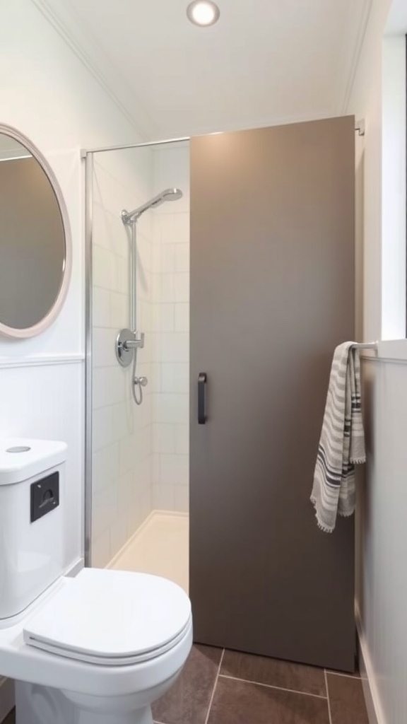 A modern small bathroom featuring a sliding shower door, a compact sink, and a toilet.