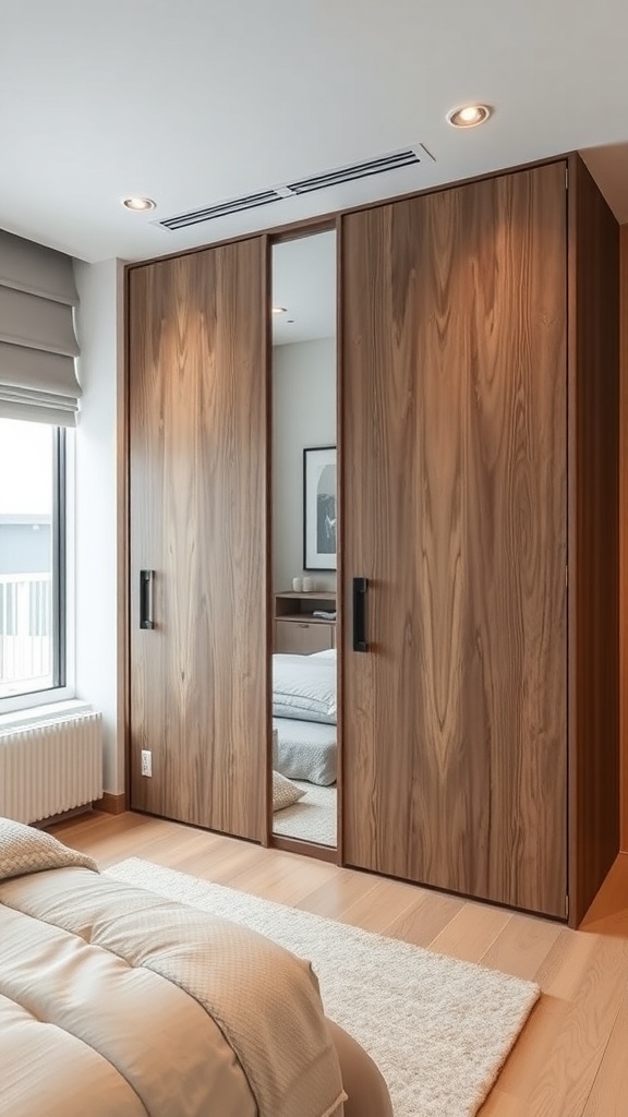 A modern bedroom featuring a wardrobe with sliding doors and a mirror, showcasing a stylish and space-saving design.