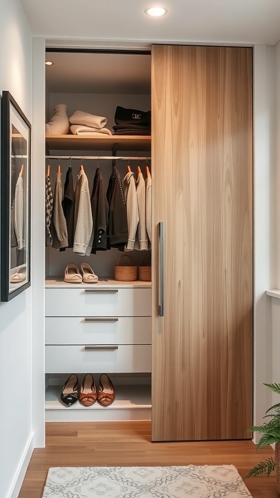 A modern closet with sliding doors, featuring a dark wood finish and organized interior.