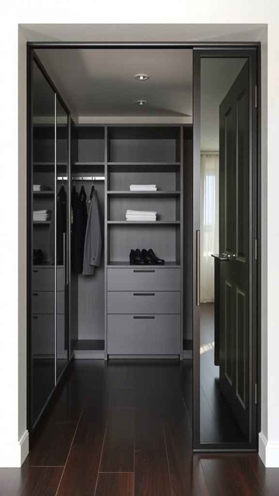 A modern walk-in closet with sliding glass doors and organized shelves.
