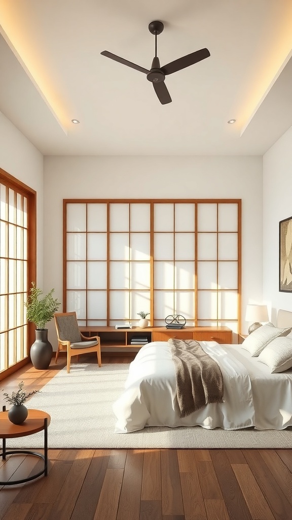 A minimalist Japanese bedroom featuring sliding shoji screens, wooden furniture, and soft lighting.
