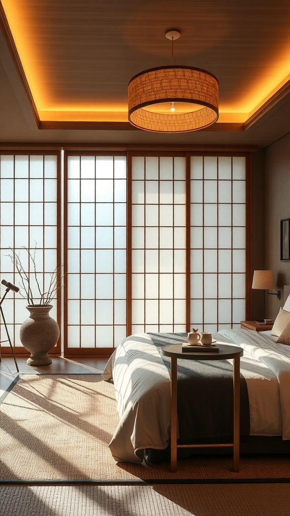 A serene Japandi bedroom featuring sliding shoji screens, warm lighting, and a cozy atmosphere.