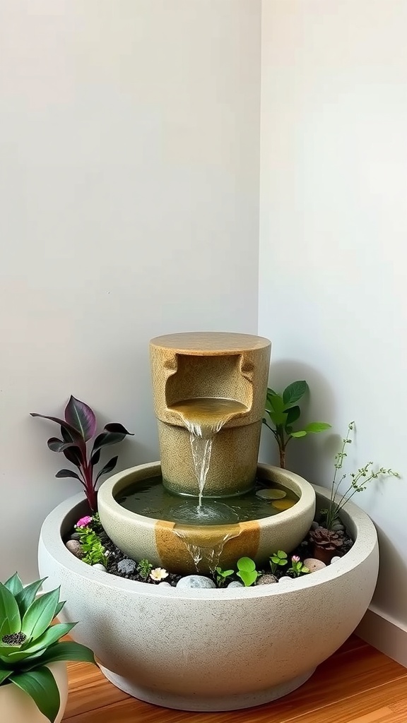 A small corner fountain with two tiers surrounded by colorful planters, creating a serene indoor space.
