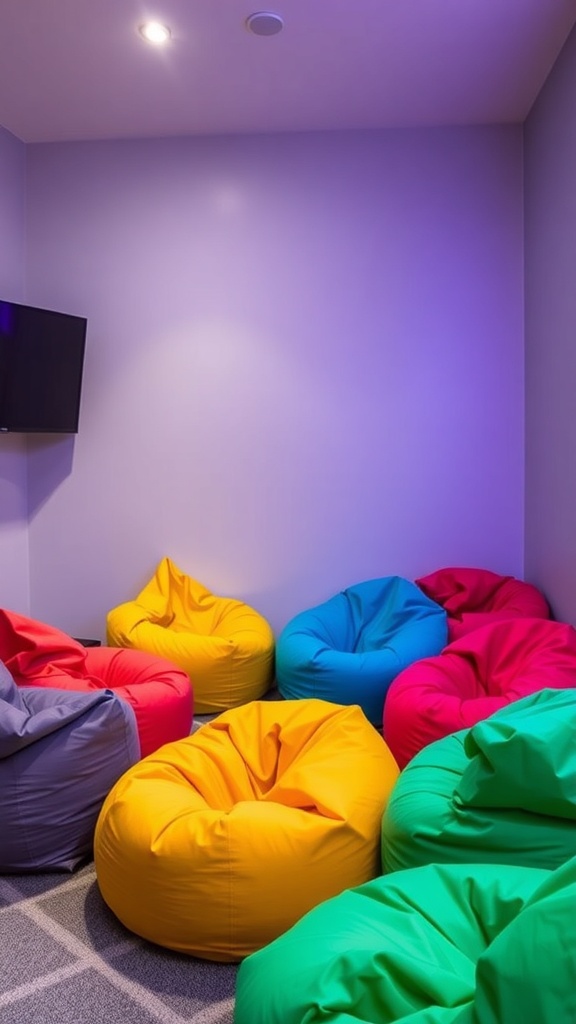 Colorful bean bags arranged in a small room with a TV