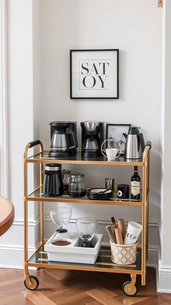 A stylish coffee bar cart with coffee maker, glassware, and storage jars in a small space.