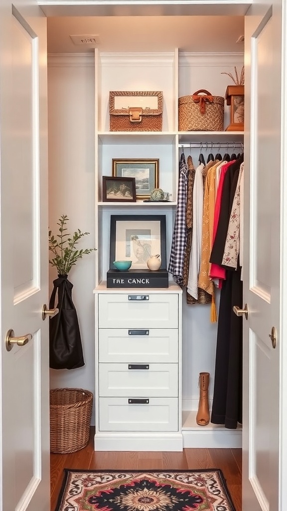 A well-organized small closet with shelves, baskets, and hanging clothes.