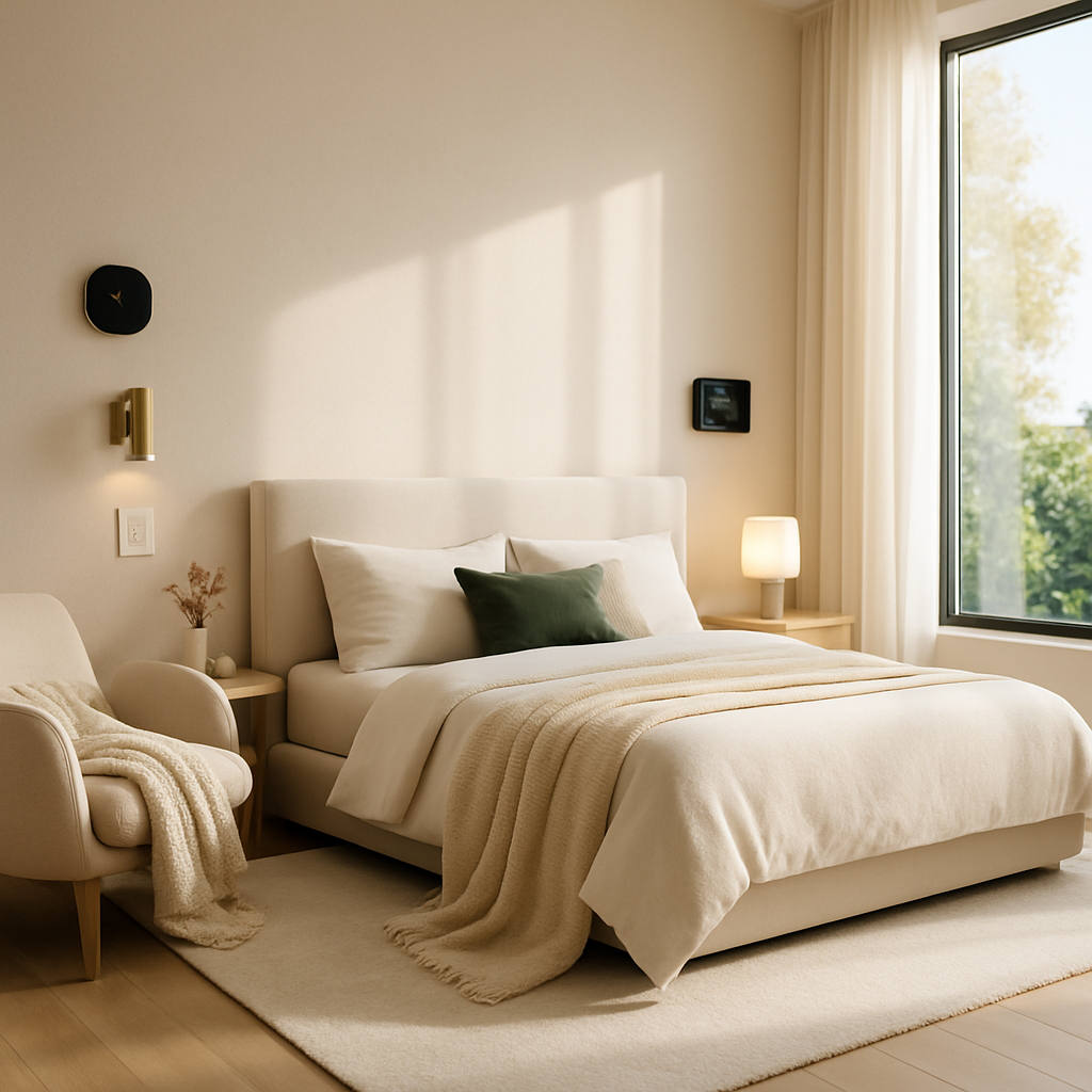 Ein modernes Schlafzimmer mit Smart-Home-Technologien, sanften Farben und minimalistischem Design.