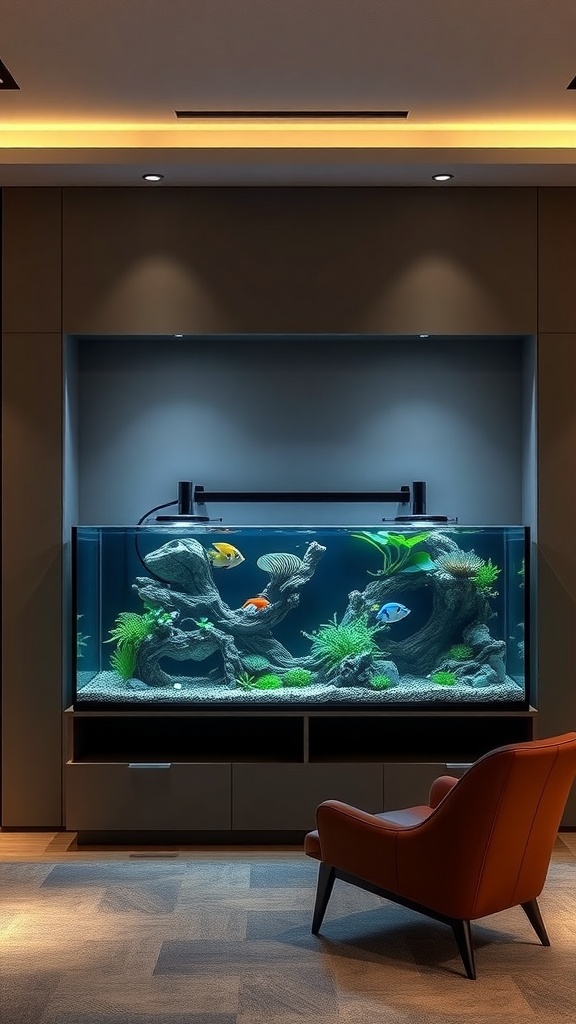 A modern smart aquarium with vibrant fish and automated systems, set in a stylish living room.