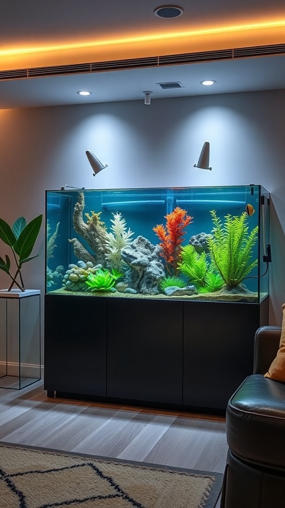A modern aquarium with colorful plants and rocks, illuminated with soft lighting.