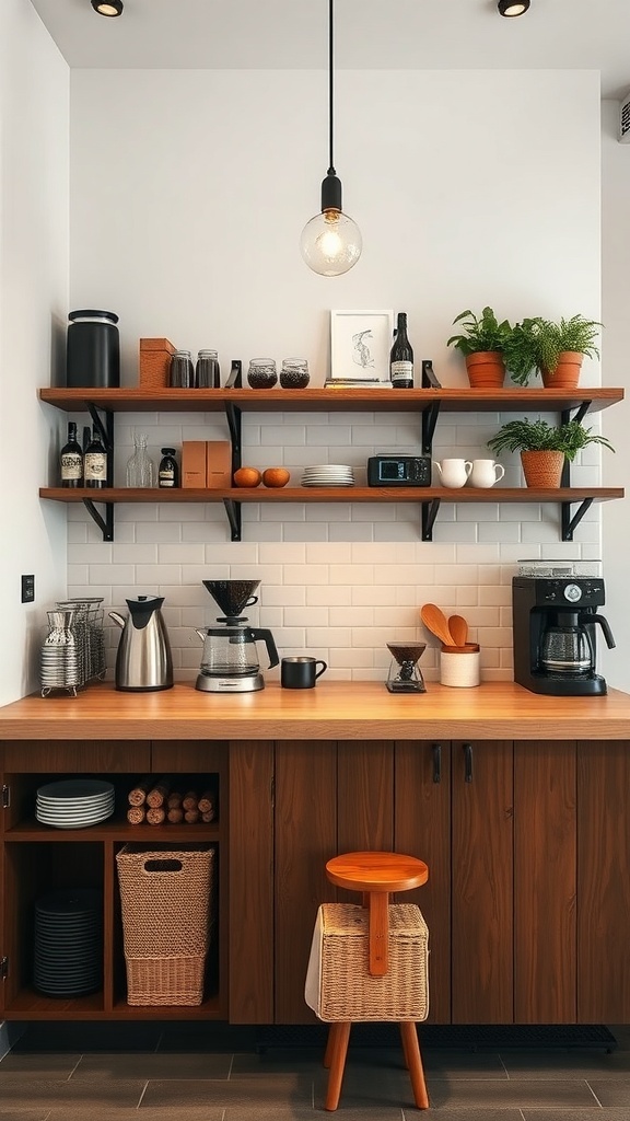 A stylish small coffee bar with modern coffee-making equipment and organized shelves.