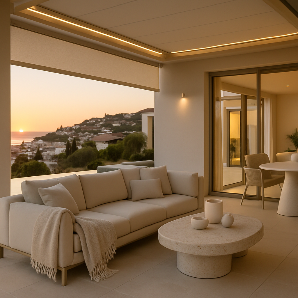 Moderne Terrasse mit Blick auf den Sonnenuntergang, ausgestattet mit stilvollen Möbeln und smarten Technologien.