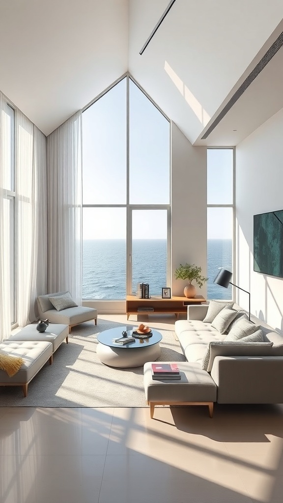 Ein minimalistisches Wohnzimmer mit großen Fenstern und Blick auf das Wasser, ausgestattet mit modernen Möbeln und Smart Home-Technologien.