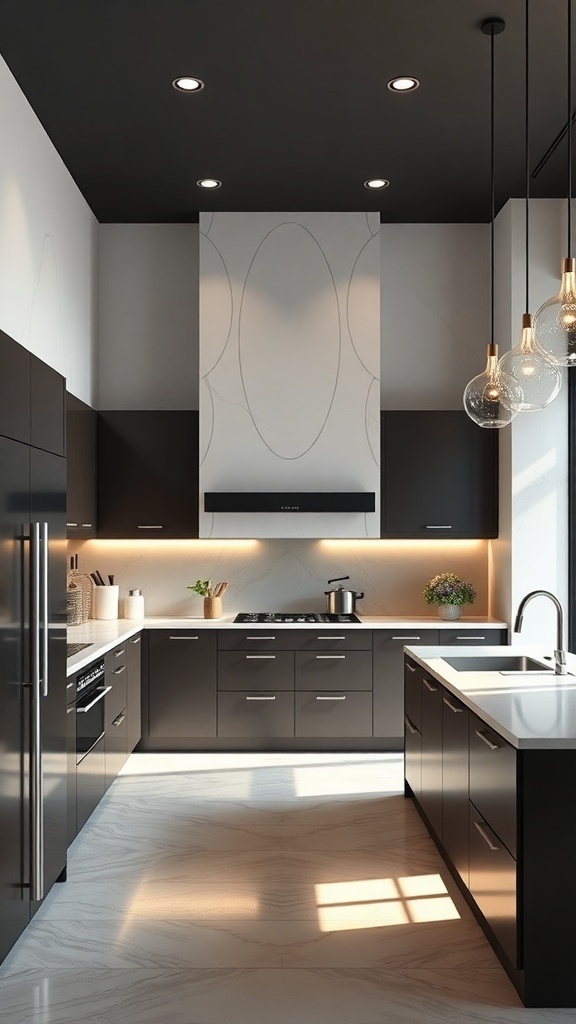 A modern kitchen featuring dark cabinetry, bright accents, and smart home technology.