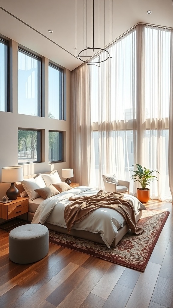 A modern bedroom with large windows, natural light, and smart home features.