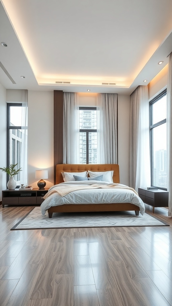 A modern luxury bedroom featuring smart home features like adjustable lighting and temperature control.