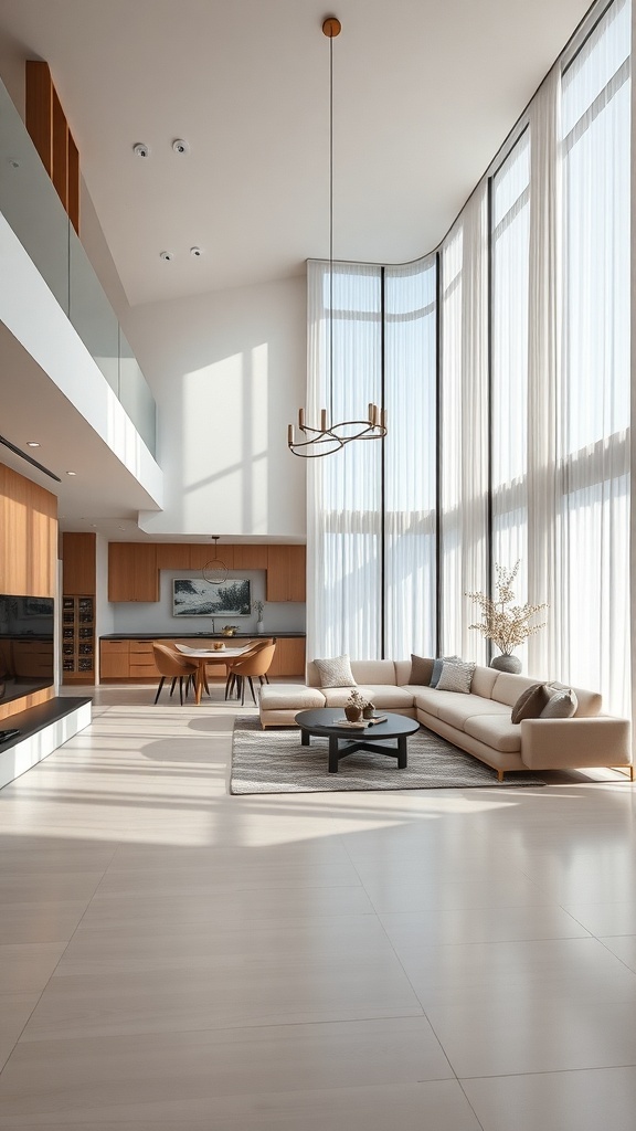 A modern open concept living and dining room with large windows, stylish furniture, and smart home features.