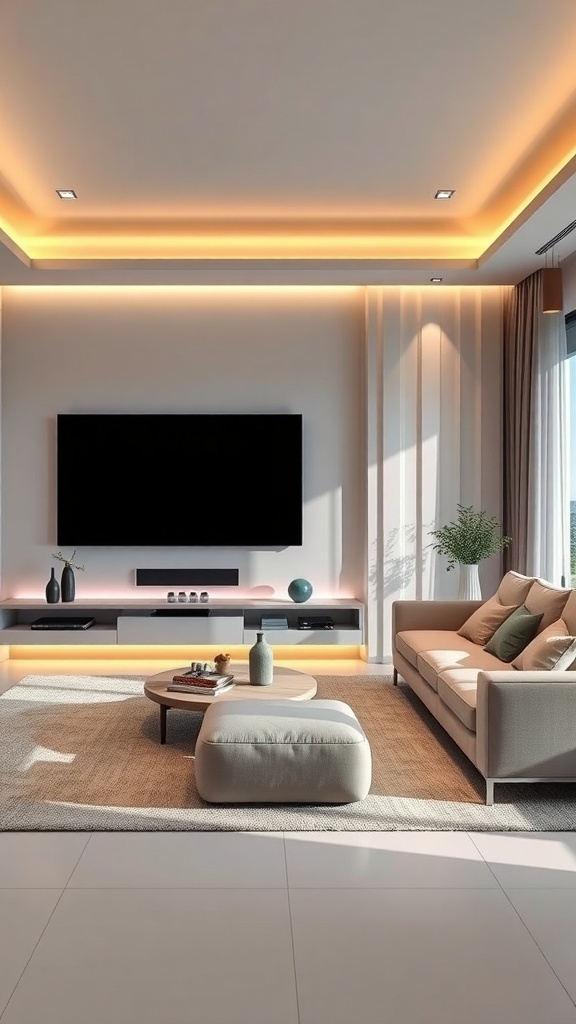 A luxurious modern living room with an integrated TV wall, designer furniture, and soft lighting.