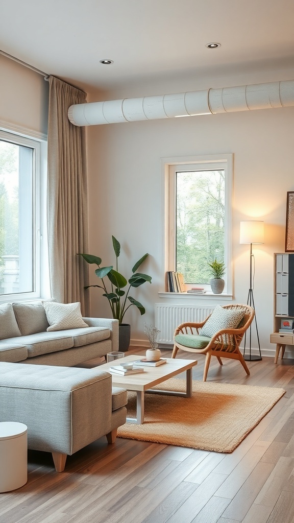 Ein modernes Wohnzimmer mit einem Sofa, einem Holzkaffee-Tisch und Pflanzen, das die Idee von Energieeffizienz und Smart Home Technologien verkörpert.
