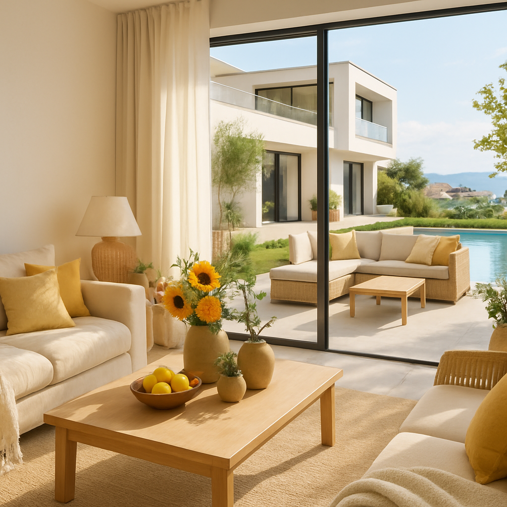 Modernes Wohnzimmer mit großen Fenstern, eleganten Möbeln und Blick auf den Garten.