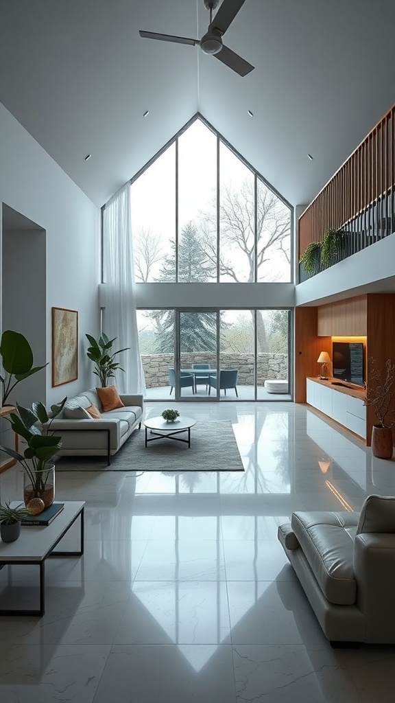 A modern living room with large windows, natural light, and stylish furniture
