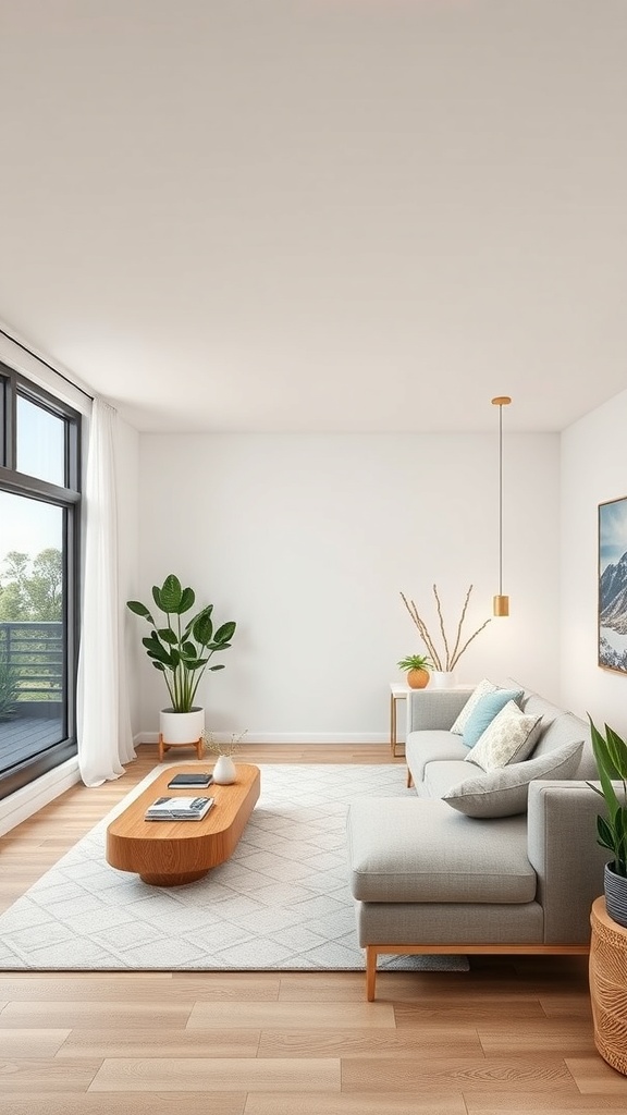 A modern living room with a sofa, coffee table, plants, and large windows, showcasing a blend of natural elements and smart home technology.