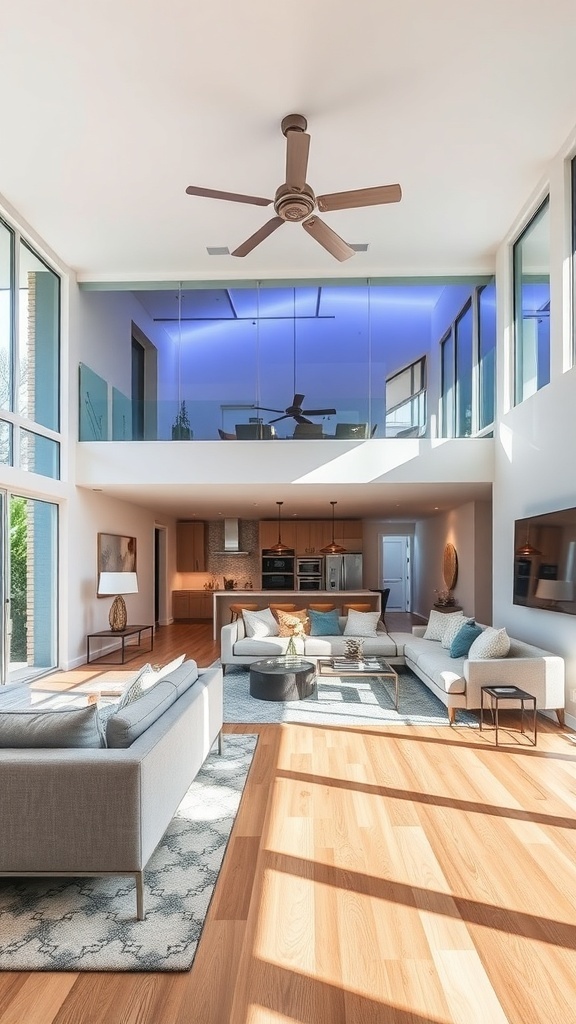 A bright open concept living and dining room with modern furniture and smart home technology features.