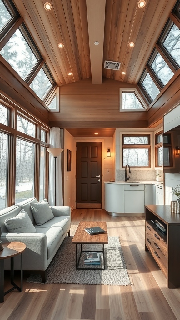 Innenansicht eines modernen Tiny Houses mit großen Fenstern und Smart Home Technologie