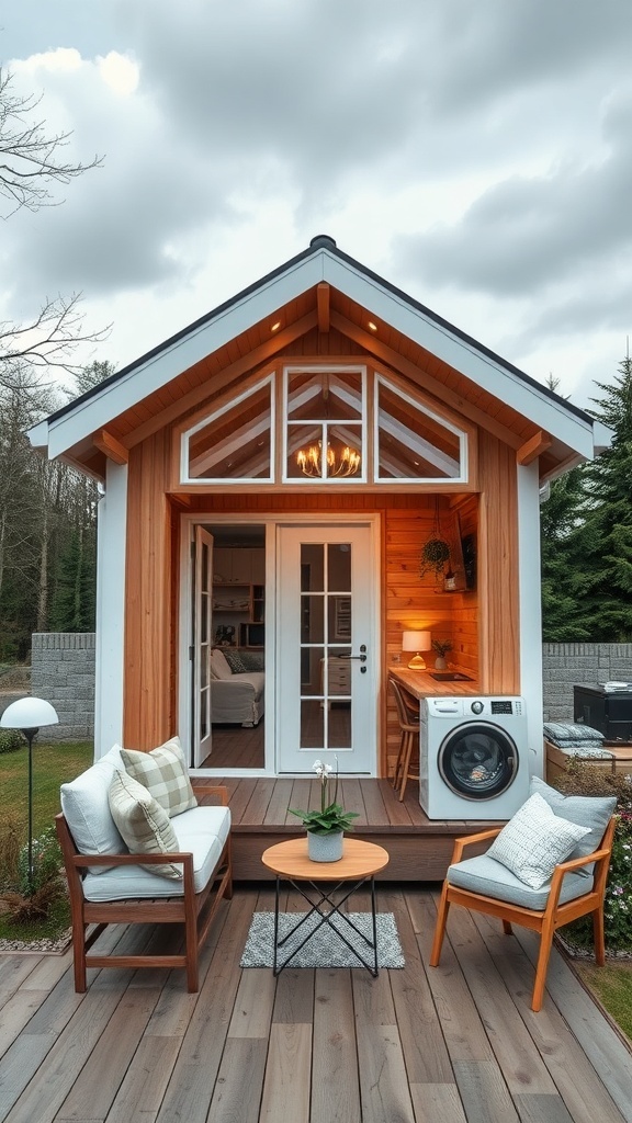 Ein modernes Tiny House mit einem einladenden Außenbereich und großen Fenstern