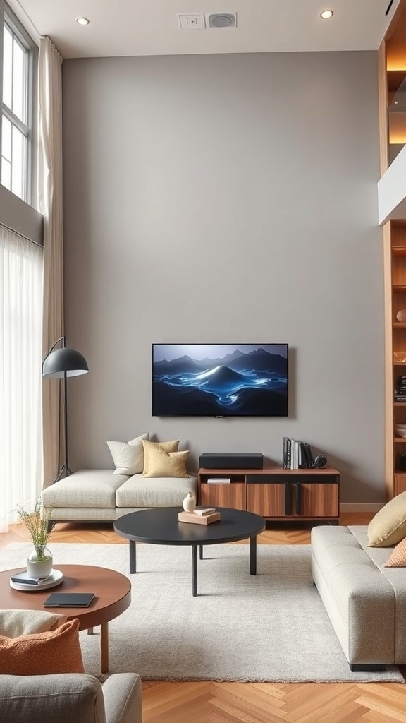 A modern living room featuring a large TV, minimalist furniture, and a stylish design.