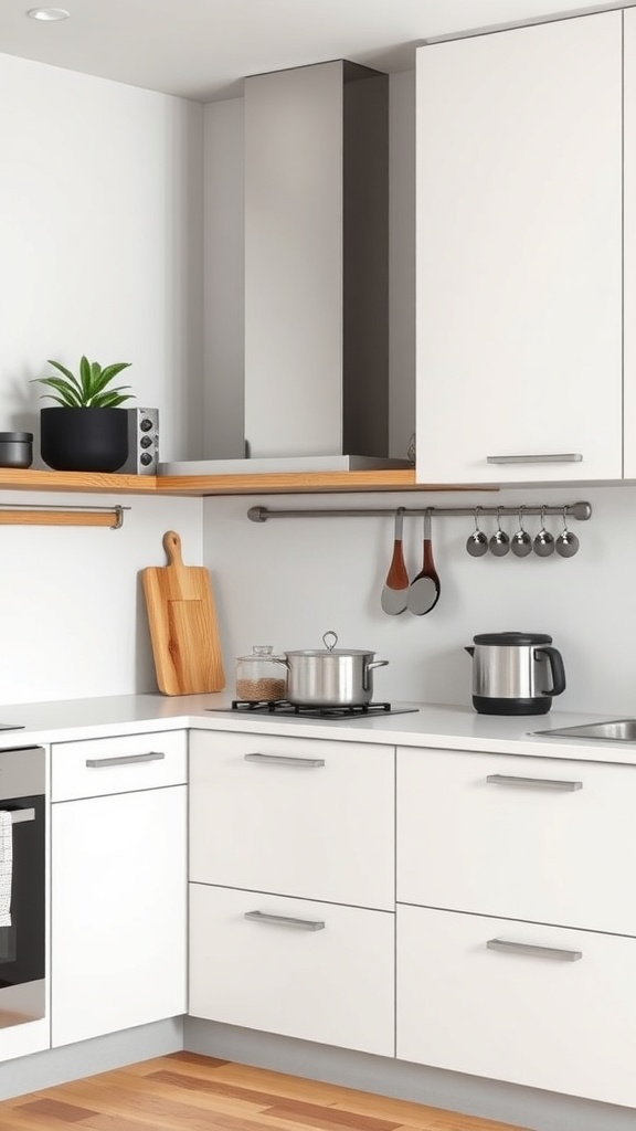 A modern kitchen with smart gadgets, featuring a pot on the stove, a kettle, and hanging utensils.
