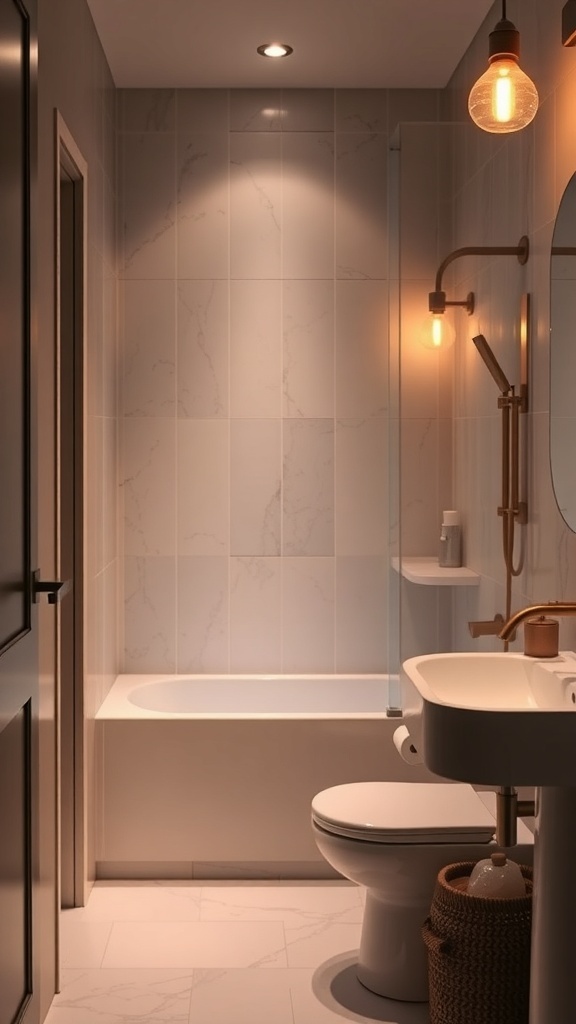 A small bathroom with warm lighting, featuring recessed lights and a pendant fixture, creating a cozy atmosphere.