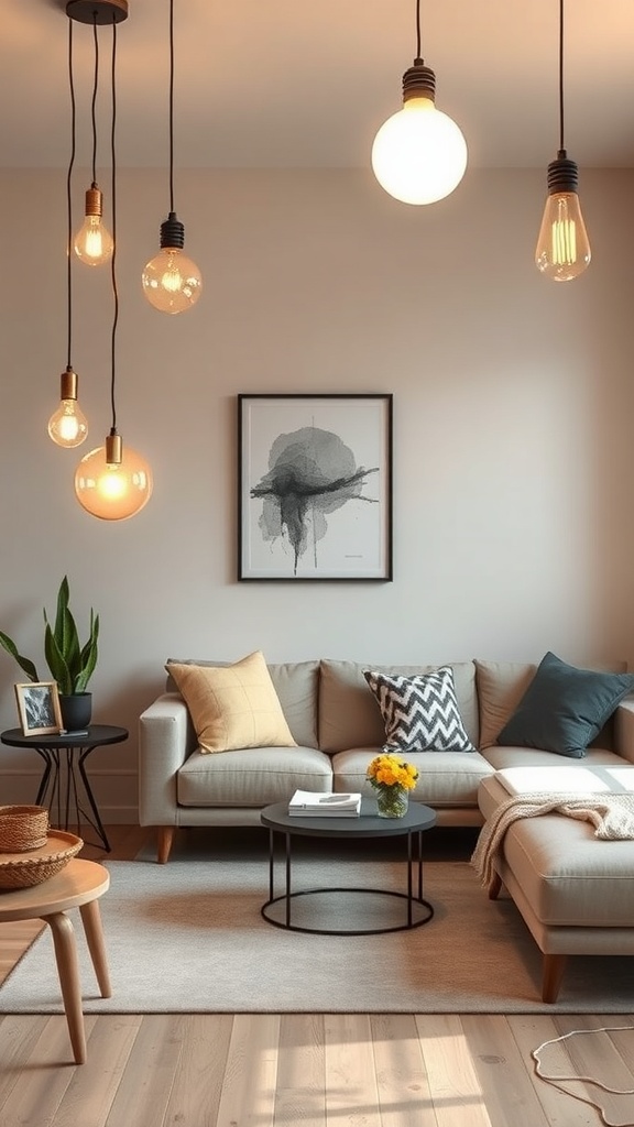 A cozy living room with stylish pendant lights and a comfortable sofa.