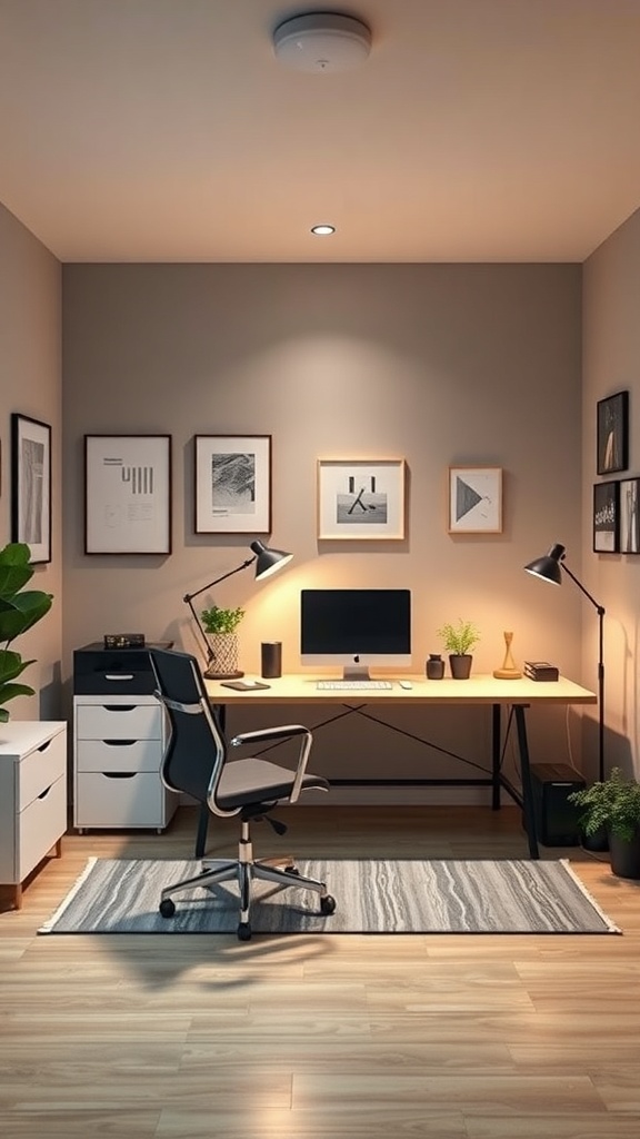 A modern home office with smart lighting, featuring a desk, computer, and plants.