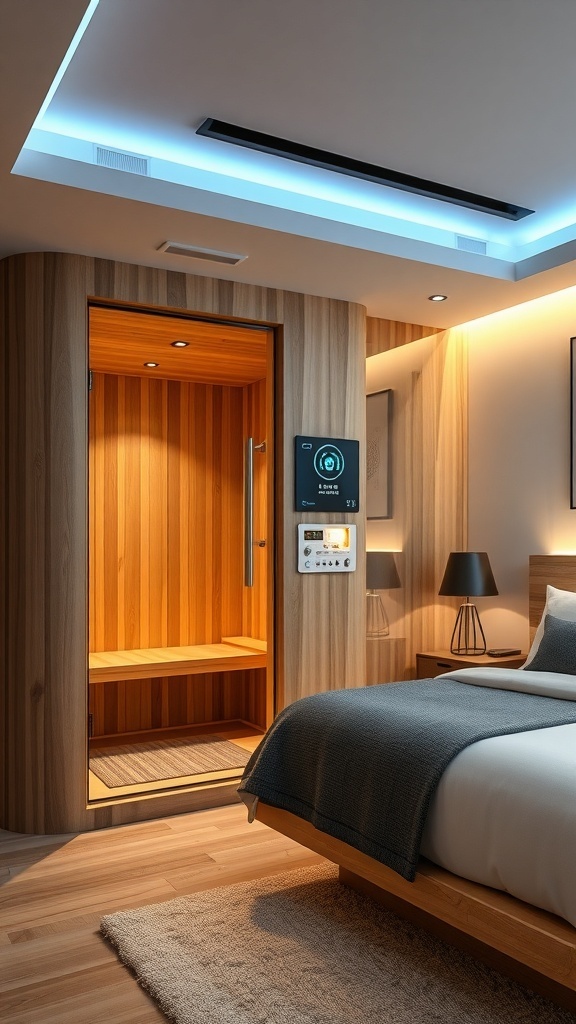 A modern bedroom featuring a sauna with a glass door, showcasing a cozy bed and wooden accents.