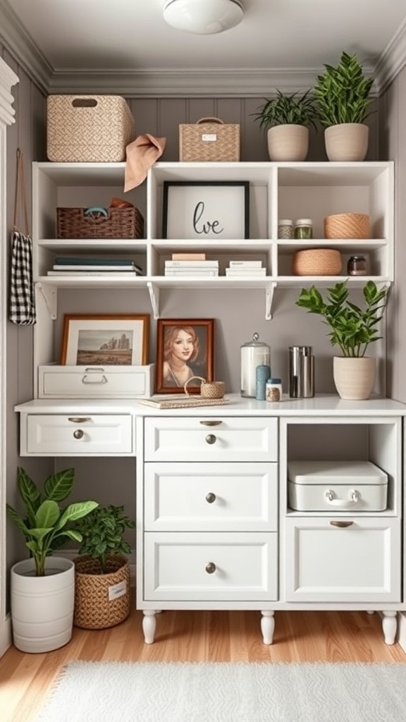 A stylish storage unit with open shelves, baskets, and plants, showcasing smart storage solutions for small spaces.