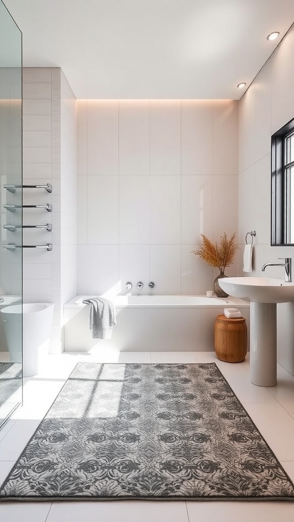 Minimalistisches Badezimmer mit eleganter Badewanne, Handtuchhalter und Beistelltisch