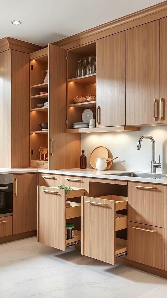 A modern kitchen with wooden cabinets, open shelving, and smart storage solutions.