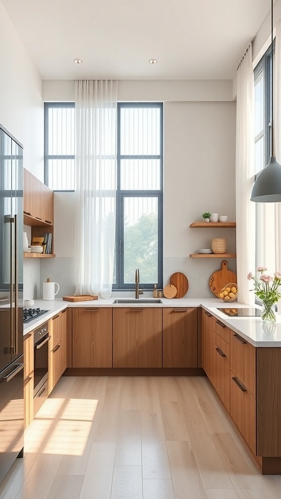 Modern kitchen with smart storage solutions, featuring wooden cabinets, open shelves, and large windows.