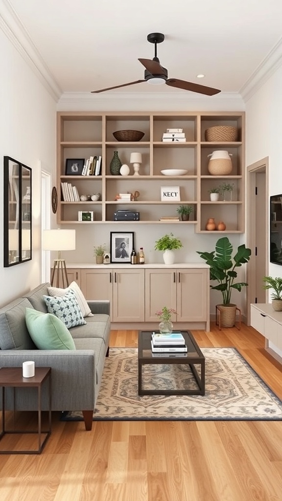 A cozy living room featuring smart storage solutions with shelves, plants, and a stylish arrangement.
