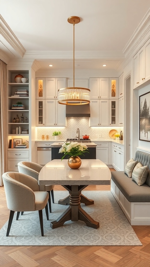A stylish dining area with a table, chairs, and built-in storage.