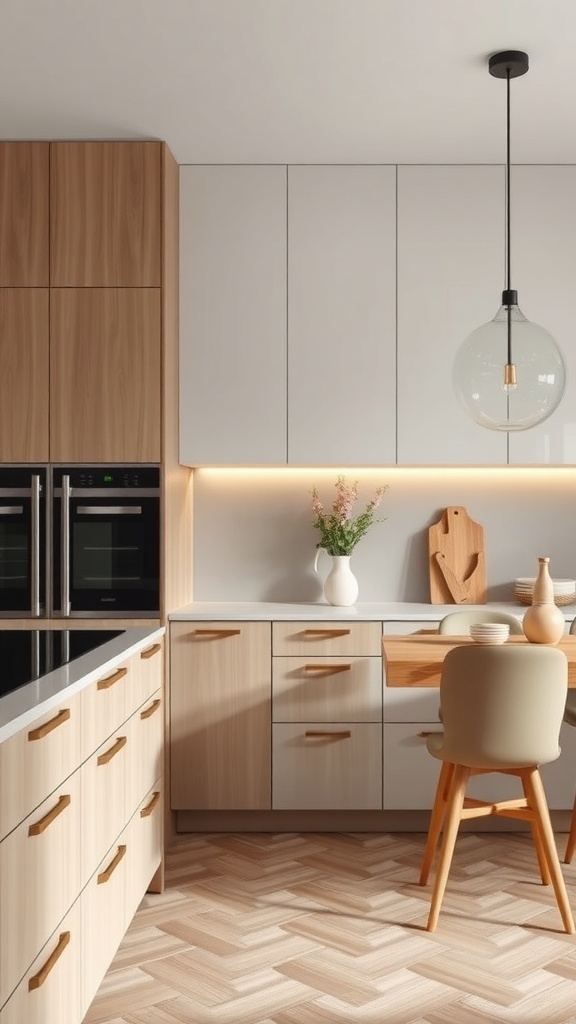 A modern kitchen featuring sleek cabinets, open shelving, and stylish decor.