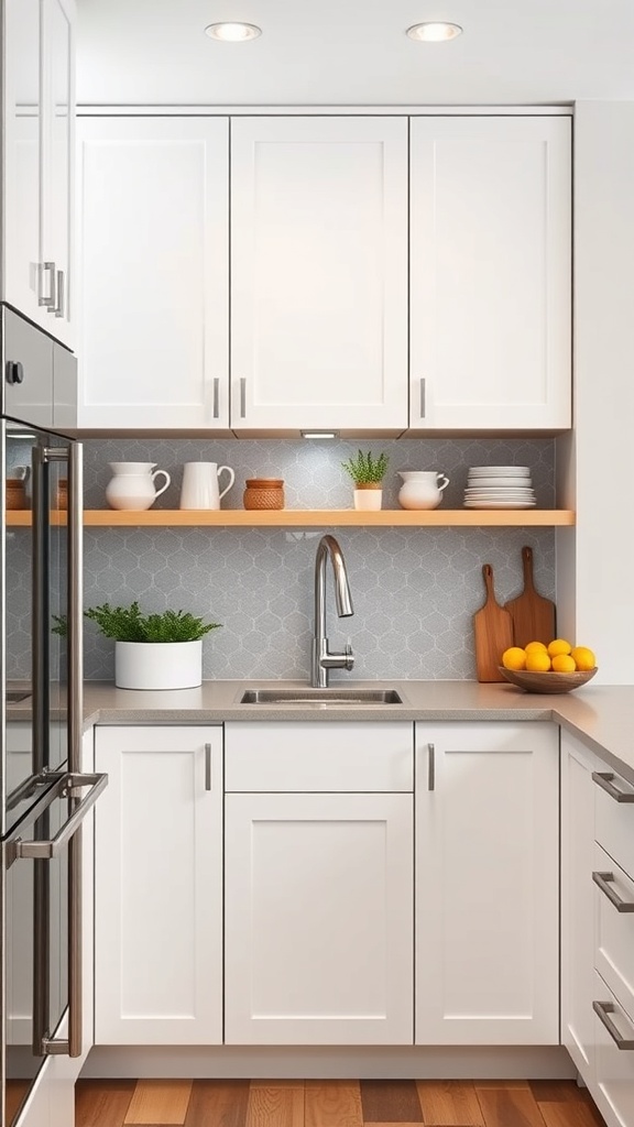 A modern white kitchen with open shelving and sleek cabinets, showcasing smart storage solutions.