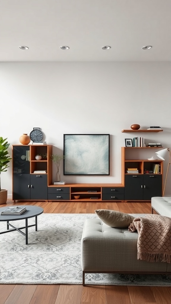 A stylish living room featuring a smart storage unit with black and wood tones, a round coffee table, and a cozy rug.