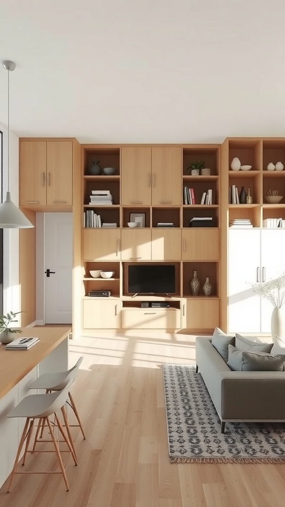 Open concept living and dining room with smart storage solutions, featuring wall-mounted cabinetry and a workspace.